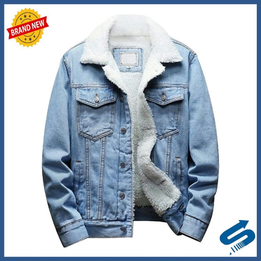 Men's Sherpa Lined Denim Trucker Jacket Relaxed Fit Button Closure